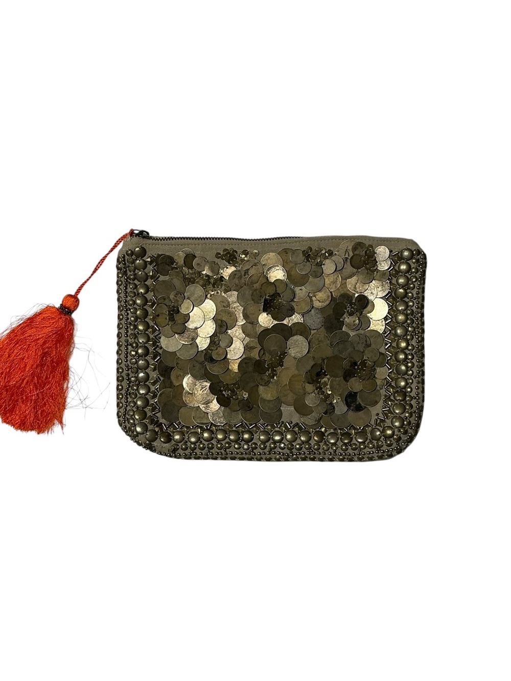 Jasper & Jeera Gold Metal Sequin-Embellished Clutch with Orange/Red Tassel